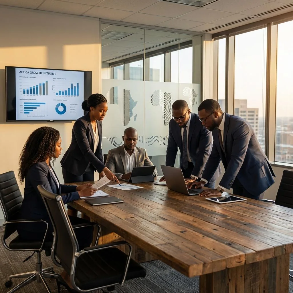 Business advisers reviewing a growth strategy around a boardroom table
