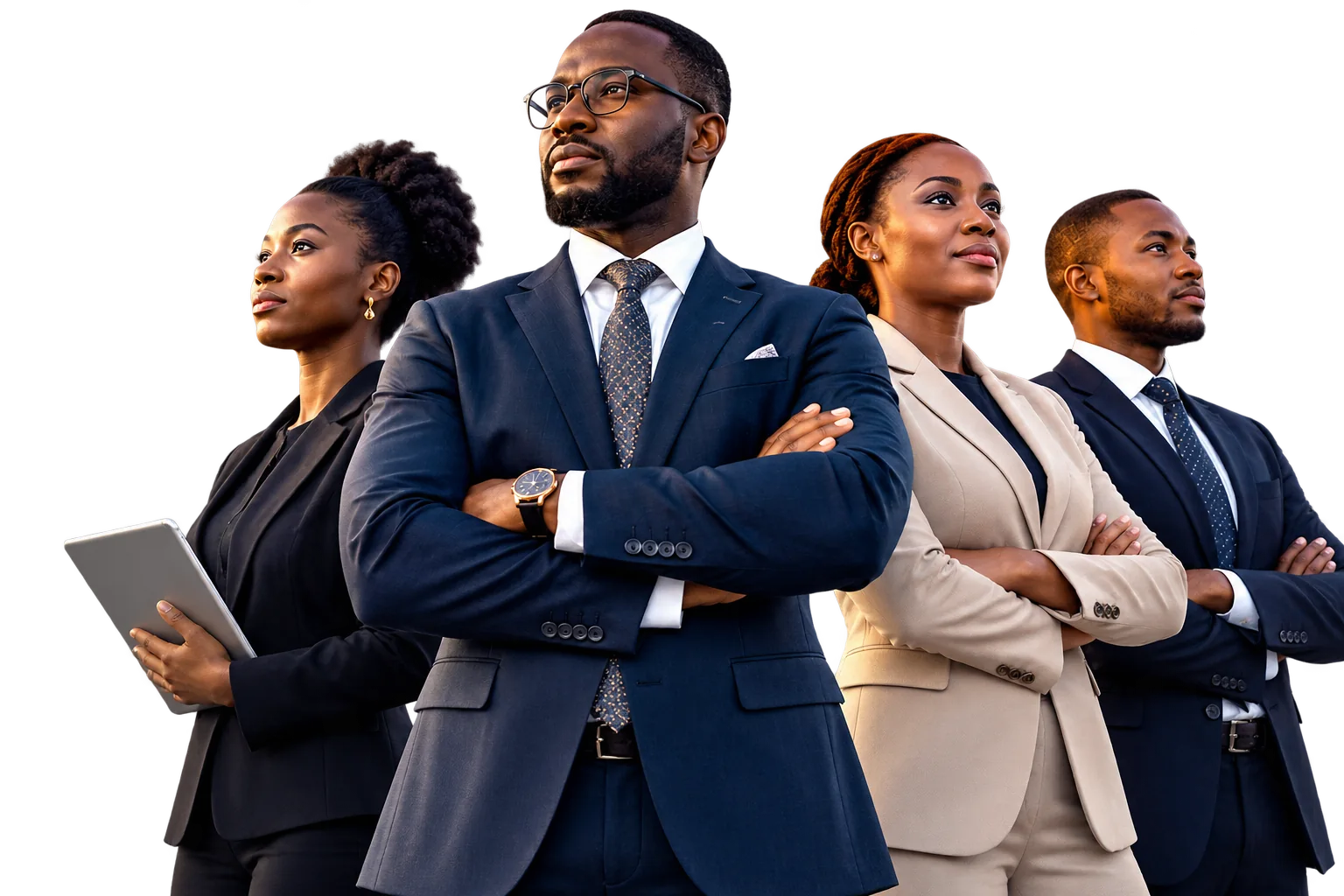 Four business leaders in formal attire, looking ahead with confidence