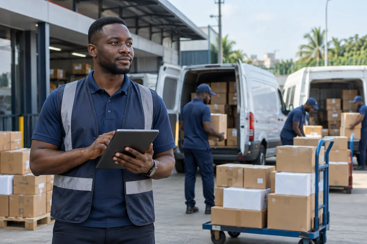 Illustrative logistics scene: a dispatcher coordinating deliveries at a depot